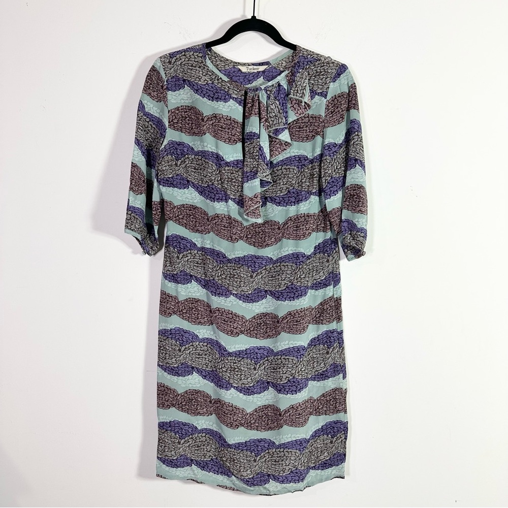 Tucker Silk Green Purple Abstract Leaf Print Shift Mini Dress